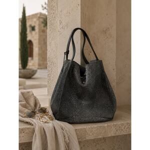 Bevini Modena Italian Leather Perforated Tote Bag Black Italy